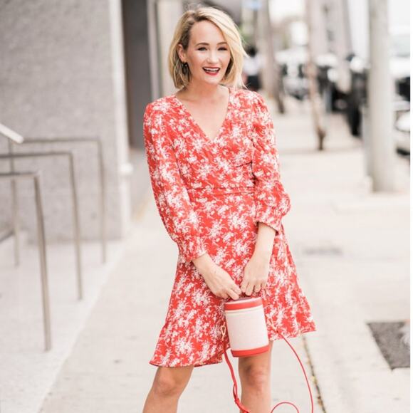 American Eagle Outfitters Dresses & Skirts - American Eagle Red Floral Ruffle Wrap Dress Size Small